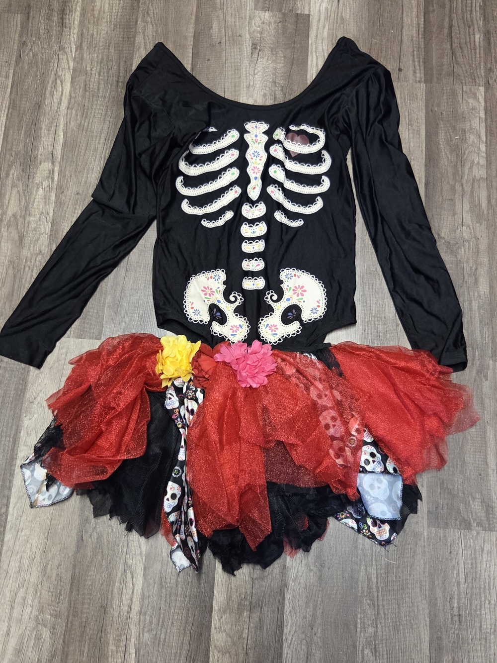 Black Skeleton Day of the Dead Costume with Red Tulle Skirt Standard Size Adult